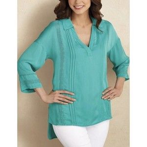 Soft Surroundings Capistrano Pintuck Teal Tunic Top Lace Inset Hi Lo Hem MEDIUM